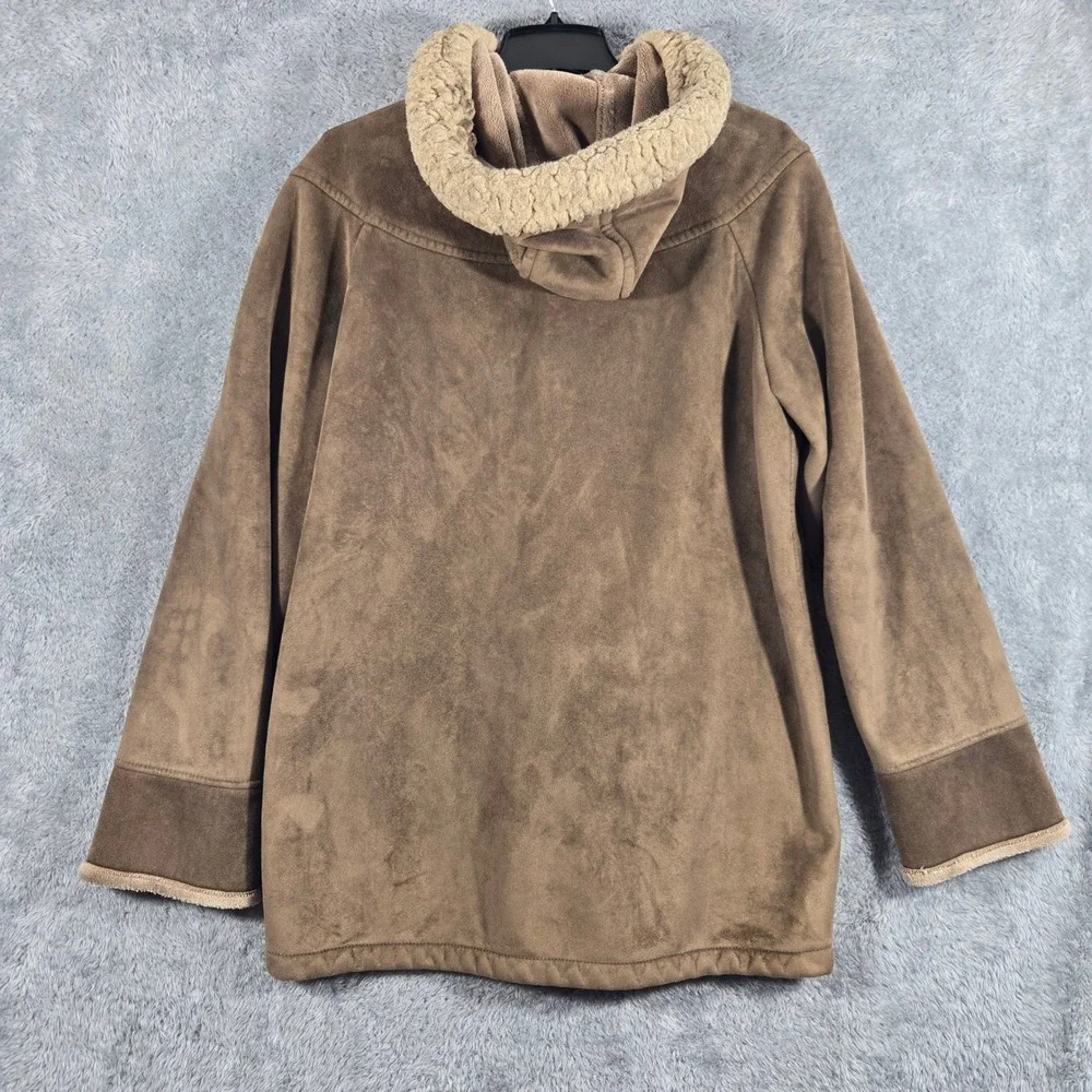 Liz Claiborne Brown Faux Suede Hooded Jacket Faux Fur Trim Coat Womens Large